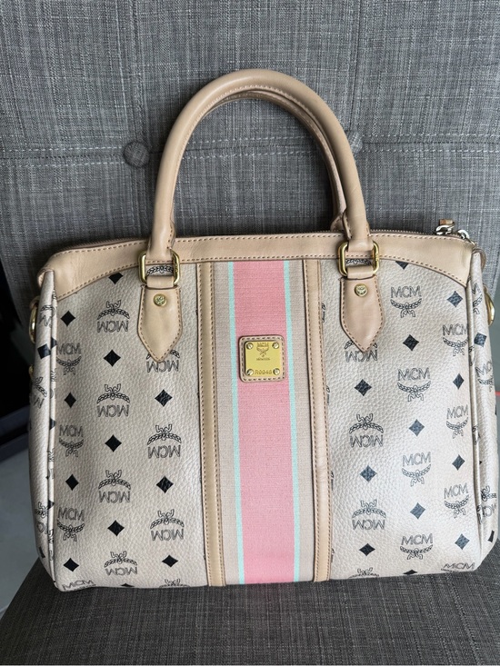 MCM Handbags - MCM Beige Satchel with Pink and Mint Center Stripe
